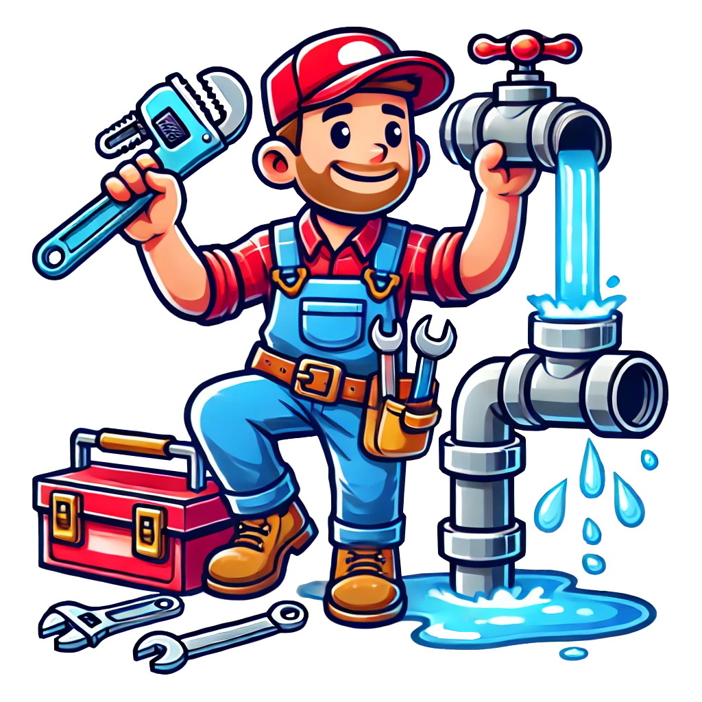 A cartoonish illustration of a plumber fixing a broken pipe, with water spilling out, using tools like a wrench.